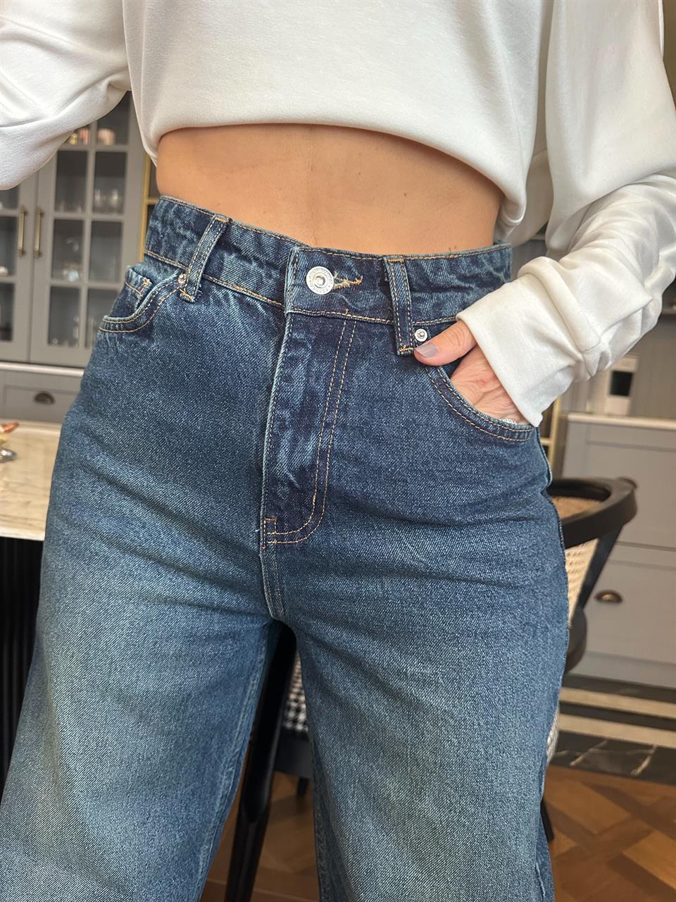 Dökümlü Palazzo Koyu Yıkama Yeşil Tintli Jean