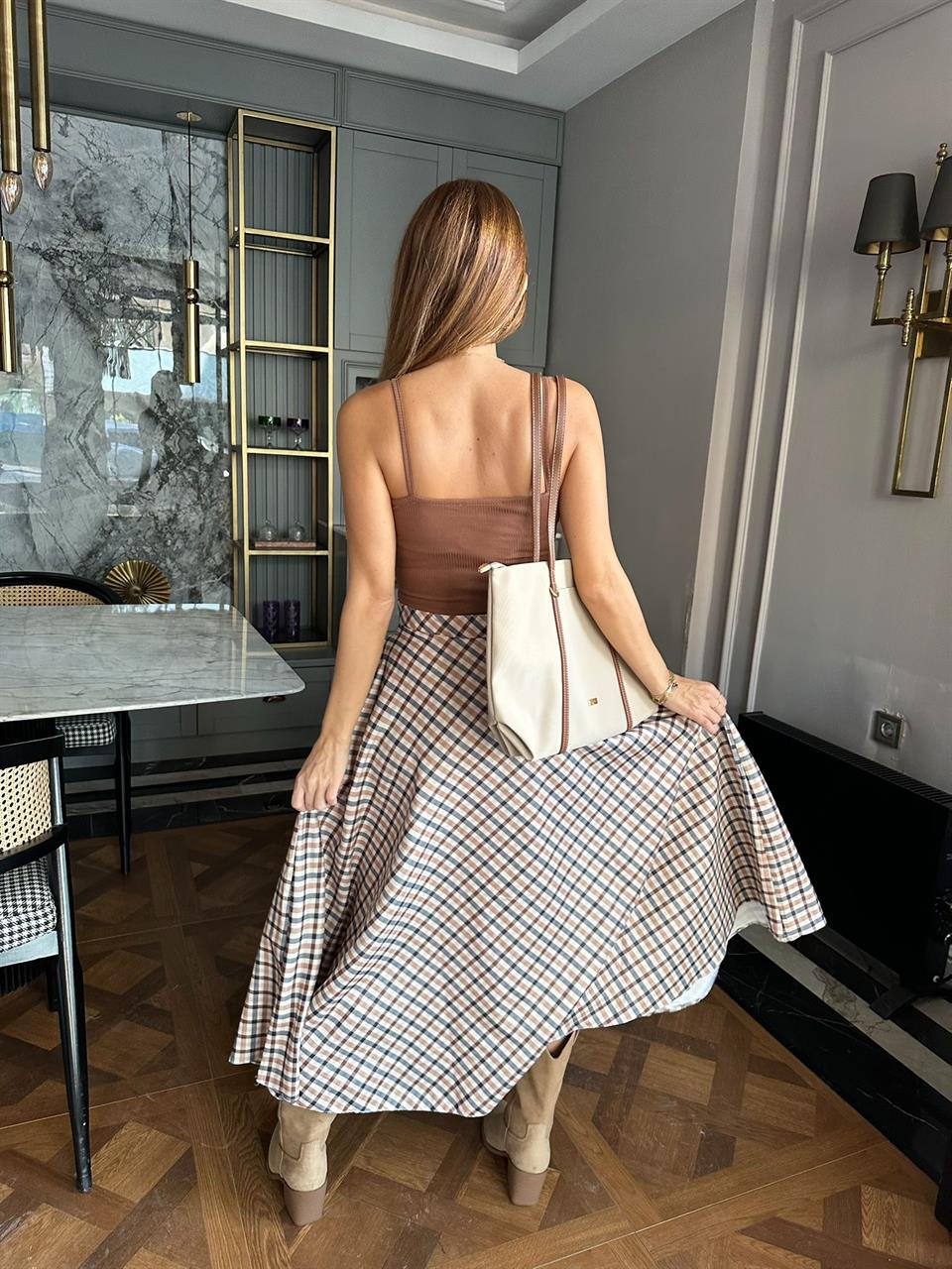 Ekose Desen Süet Midiboy Etek