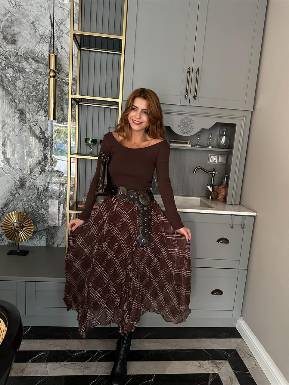 Ekose Desenli Asimetrik Etek