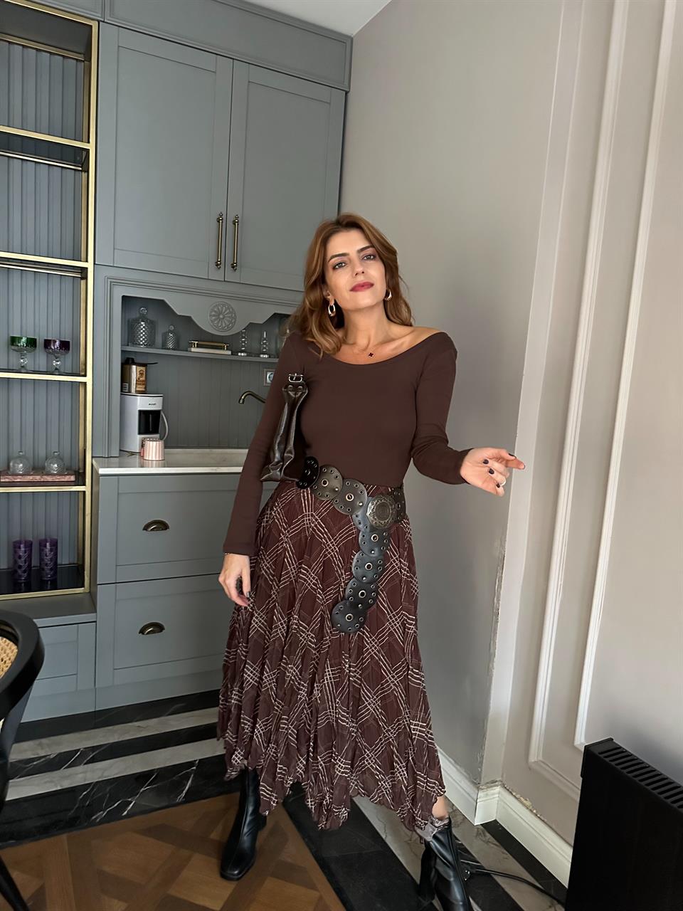 Ekose Desenli Asimetrik Etek