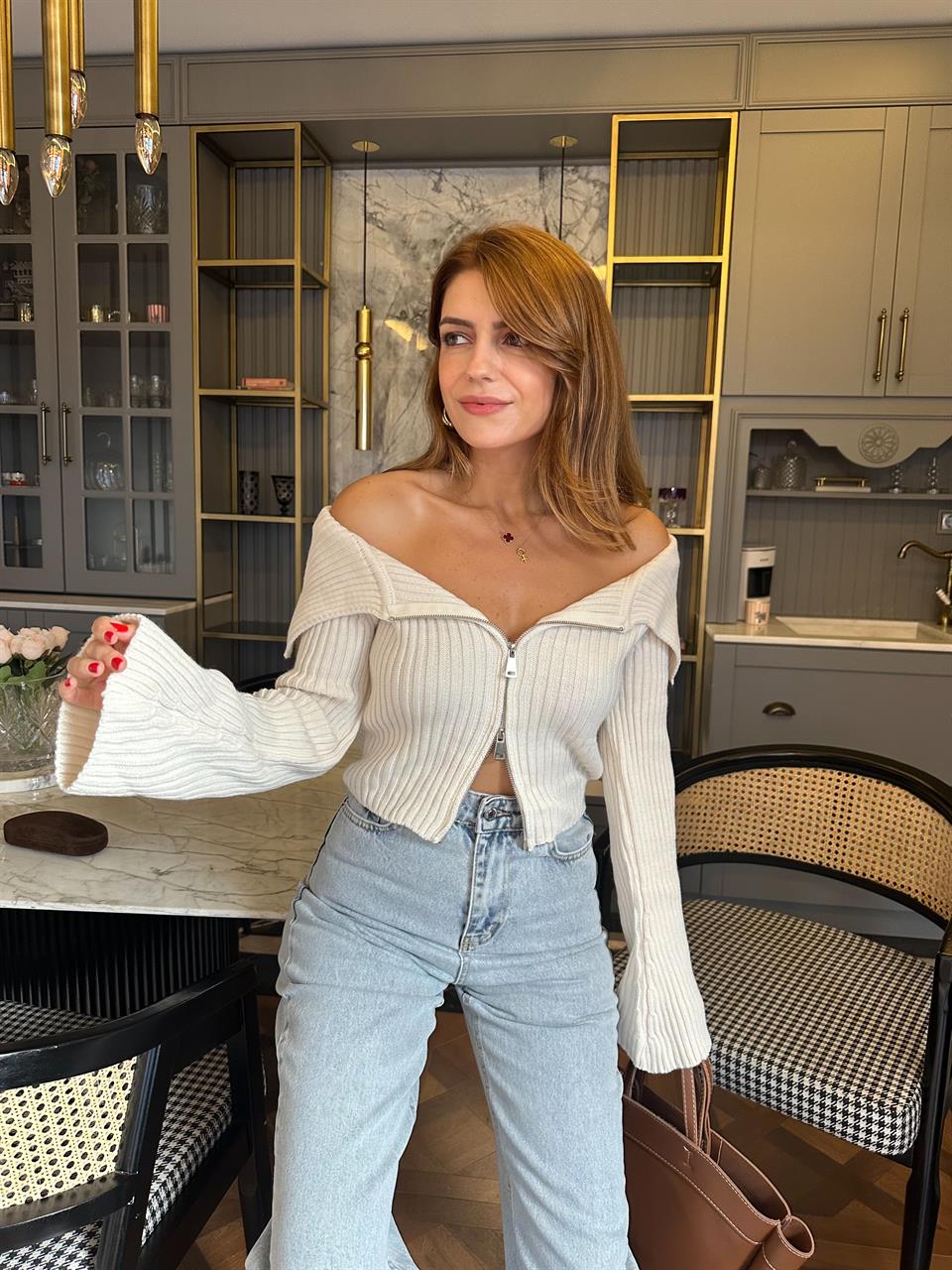 Ekru Kayık Yaka Çift Fermuarlı Triko Hırka