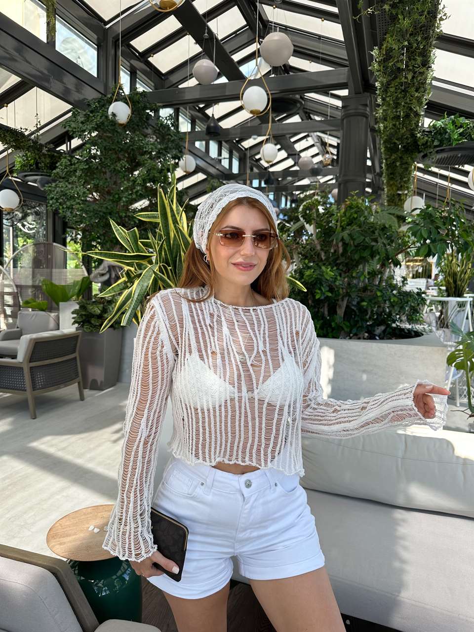 Ekru Transparan Crop Triko Bluz