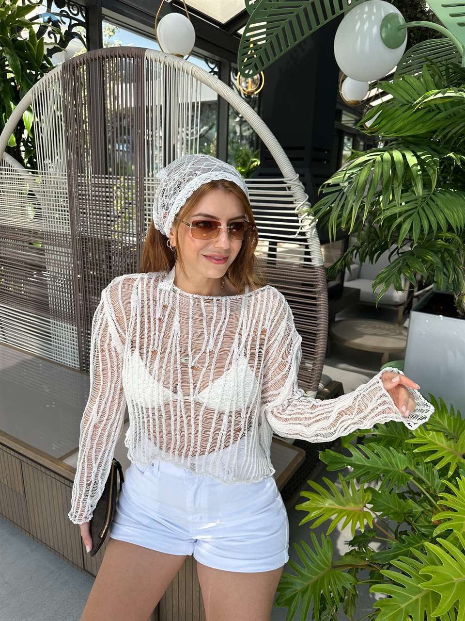 Ekru Transparan Crop Triko Bluz