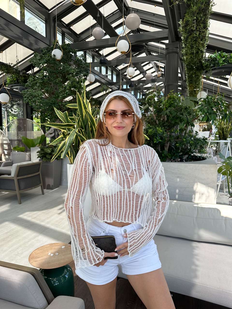 Ekru Transparan Crop Triko Bluz