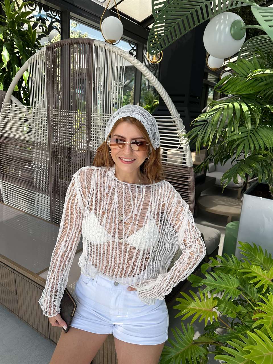 Ekru Transparan Crop Triko Bluz