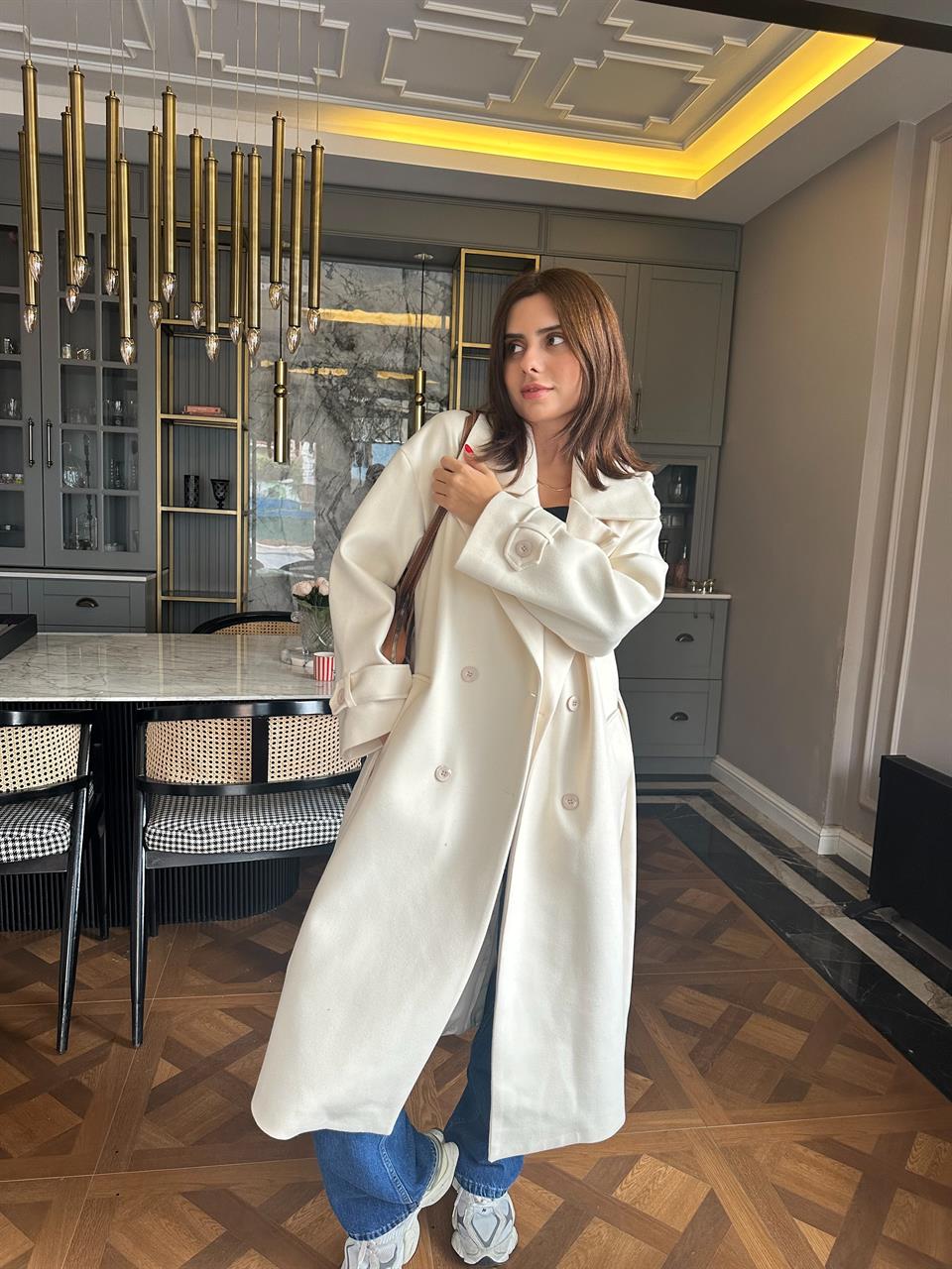 Ekru Uzun Kaşe Kaban