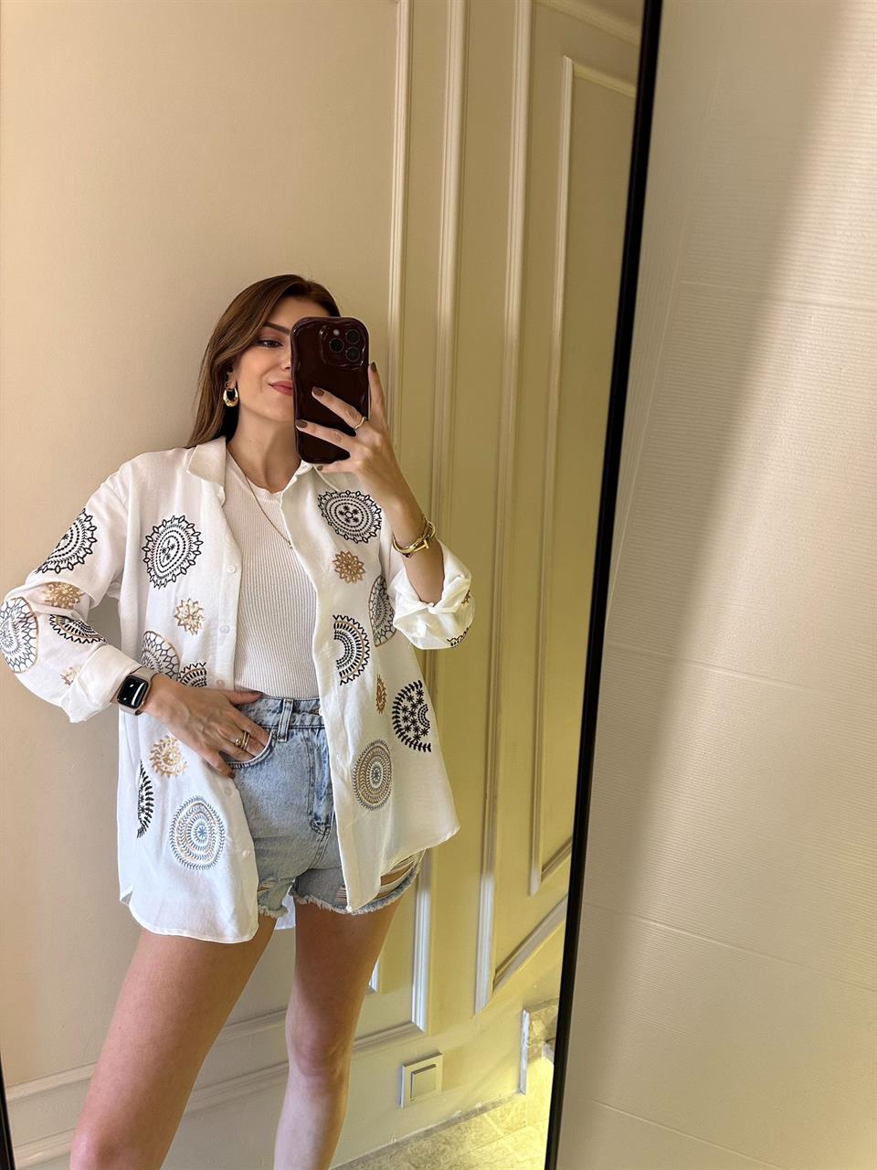 Etnik Desen Nakışlı Gömlek