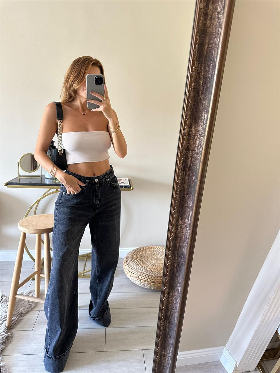 Füme Kıvrık Paça Wide Leg Kot Pantolon