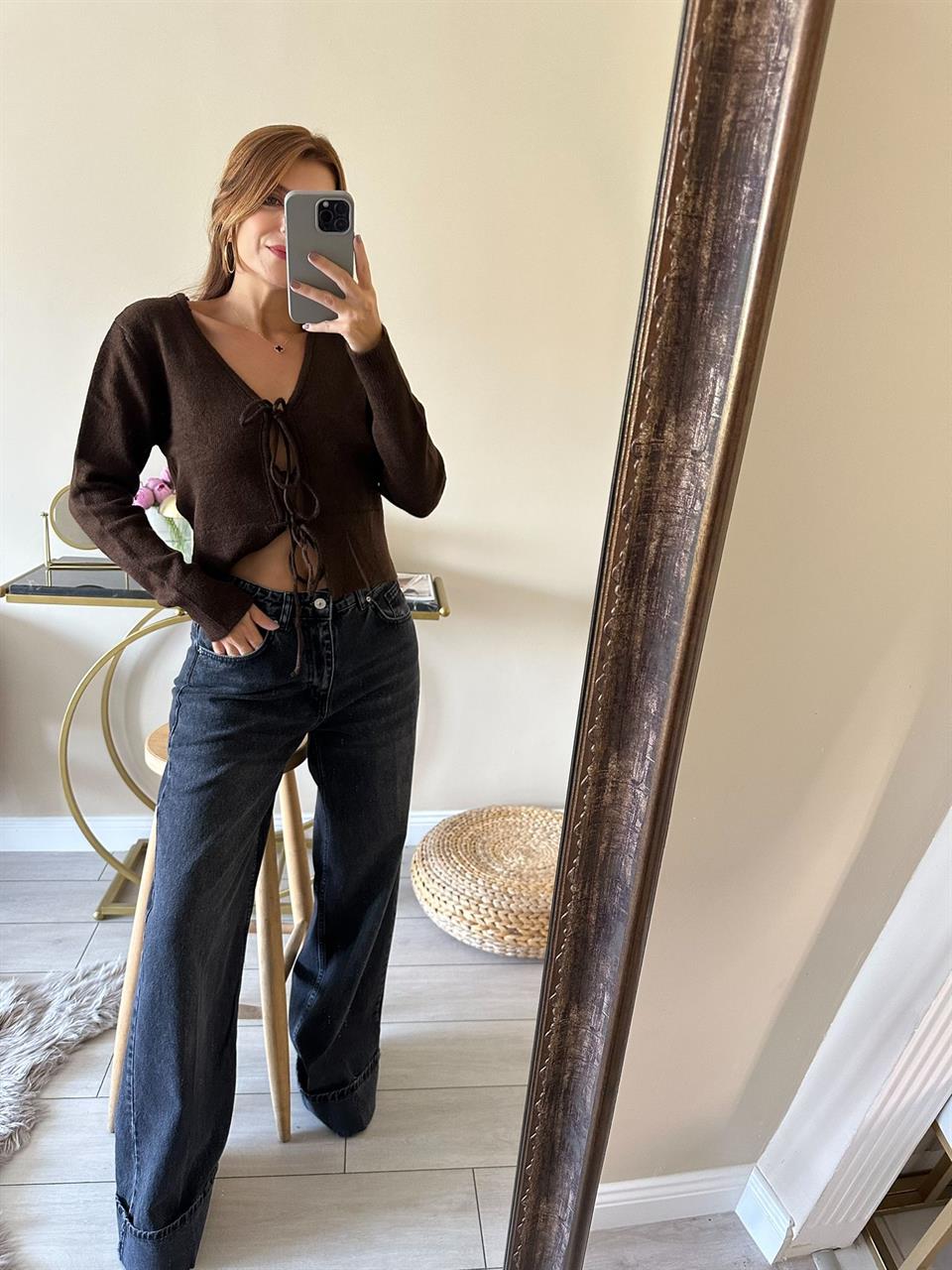 Füme Kıvrık Paça Wide Leg Kot Pantolon