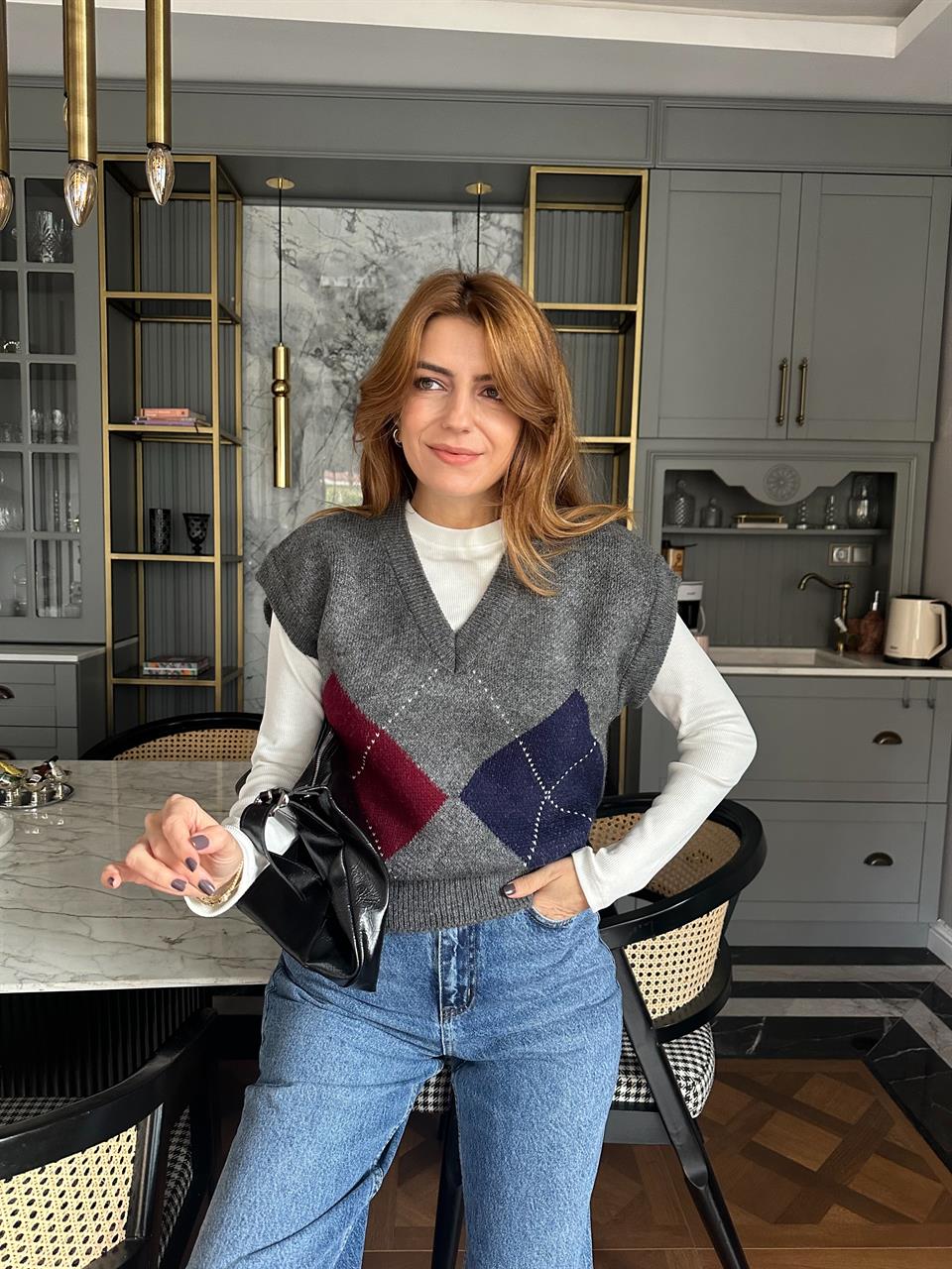 Gri Baklava Desen Süveter