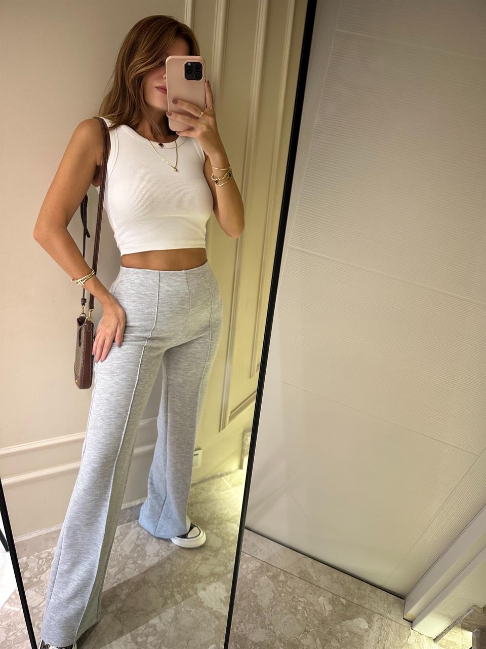 Gri Bel Lastik Çimalı Pantolon