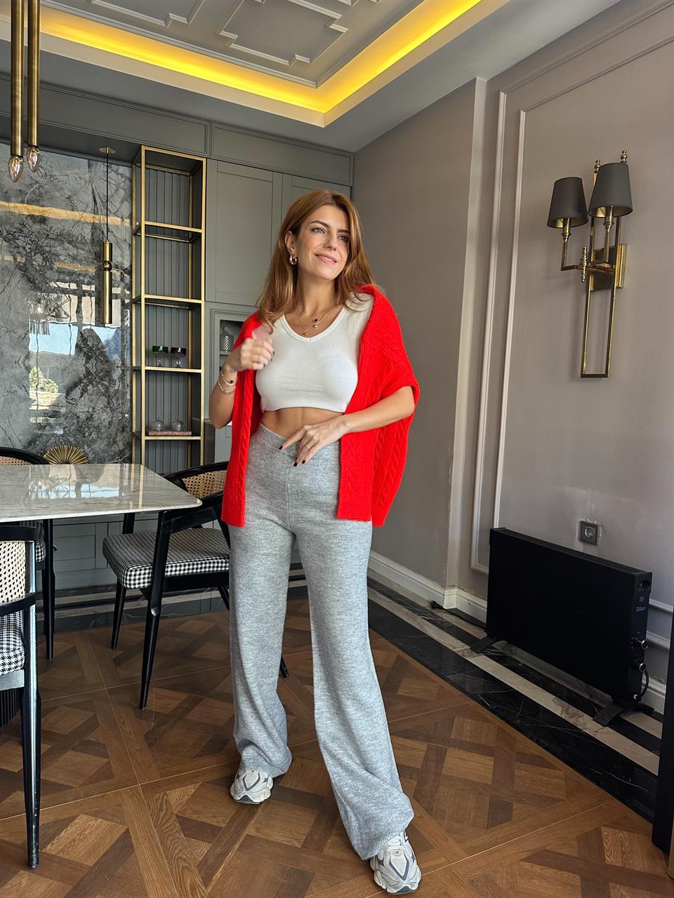 Gri Bol Paça Triko Pantolon