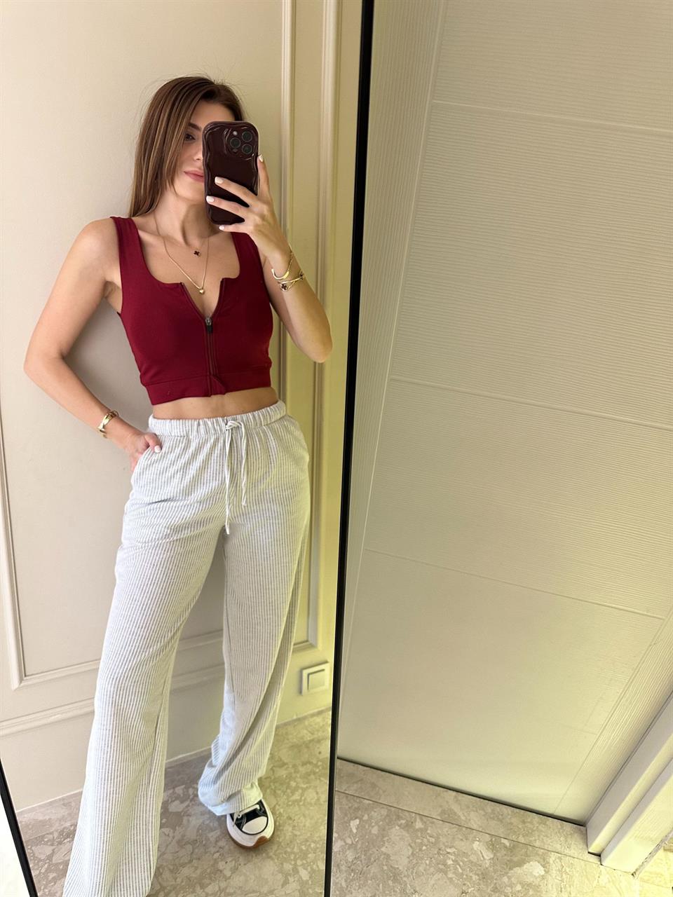 Gri Çizgili Melanj Pantolon