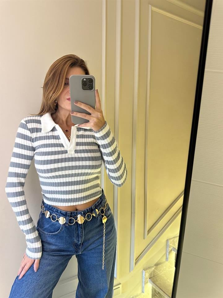 Gri Çizgili Polo Yaka Yumoş Badi