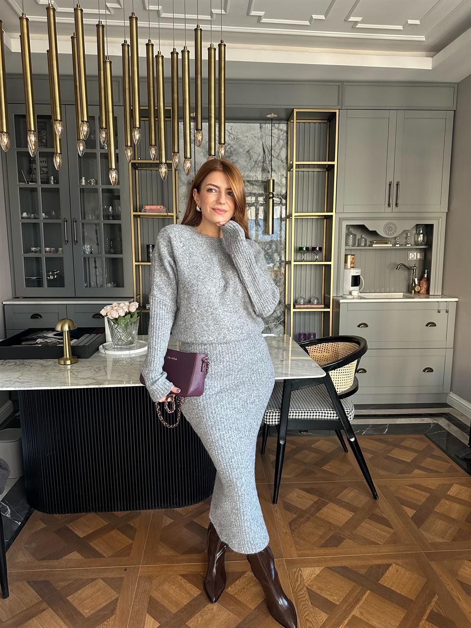 Gri Fitilli Caz Uzun Triko Elbise