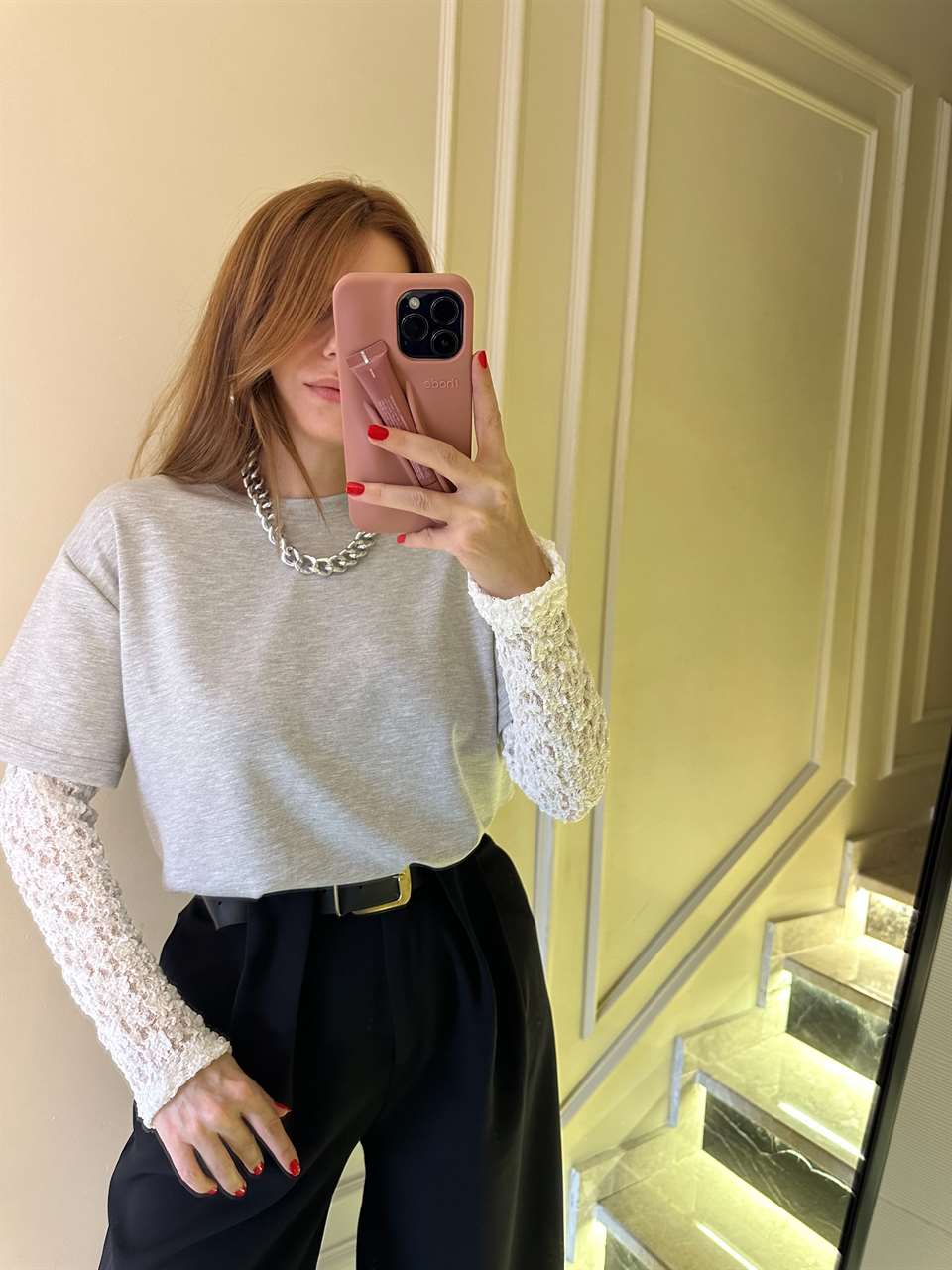 Gri Kol Güpürlü İkili Bluz