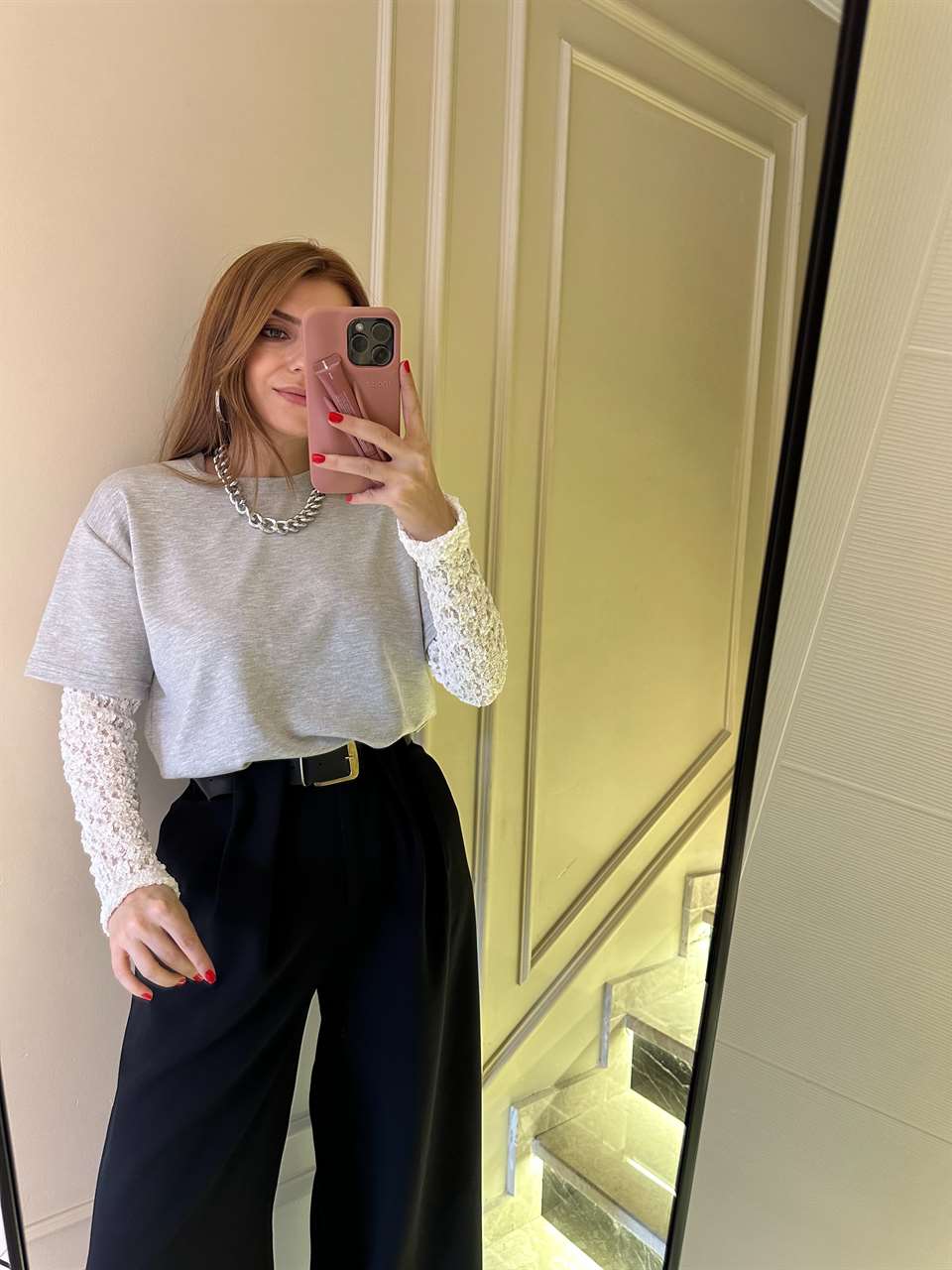 Gri Kol Güpürlü İkili Bluz