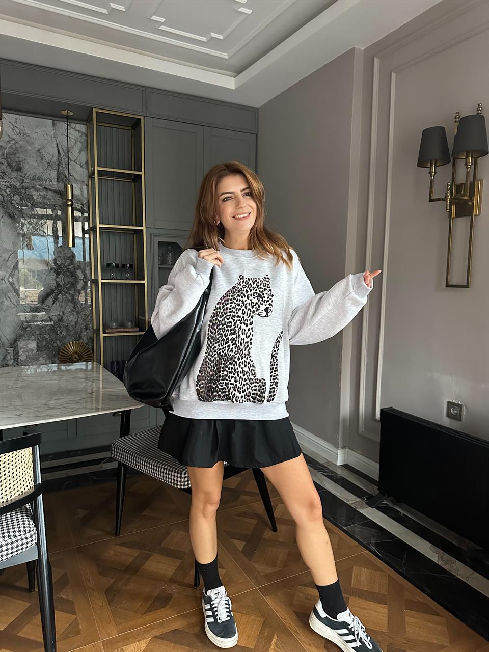 Gri Leo Baskı Ribanalı Sweatshirt