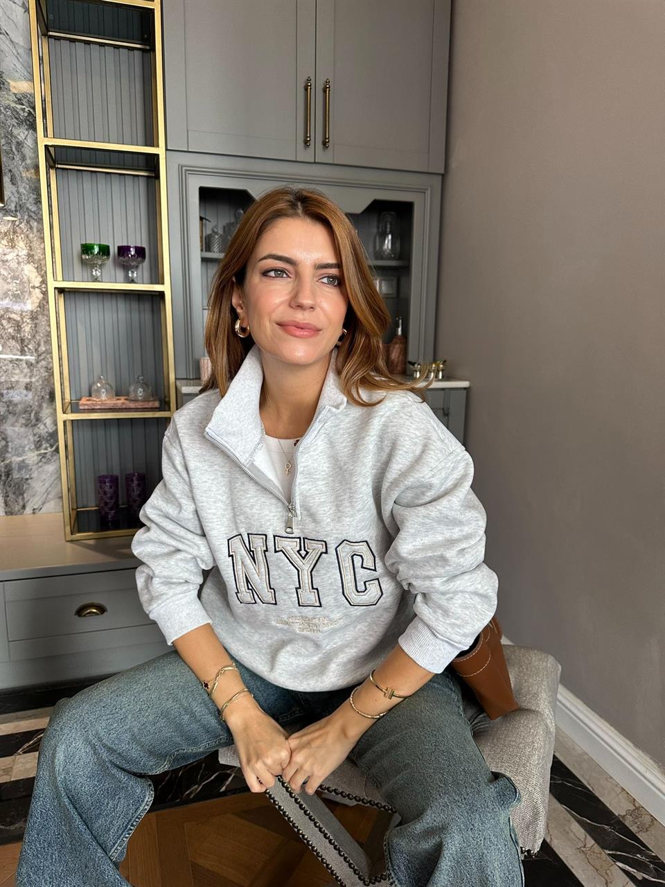 Gri NYC Nakışlı Yarım Fermuar Sweatshirt