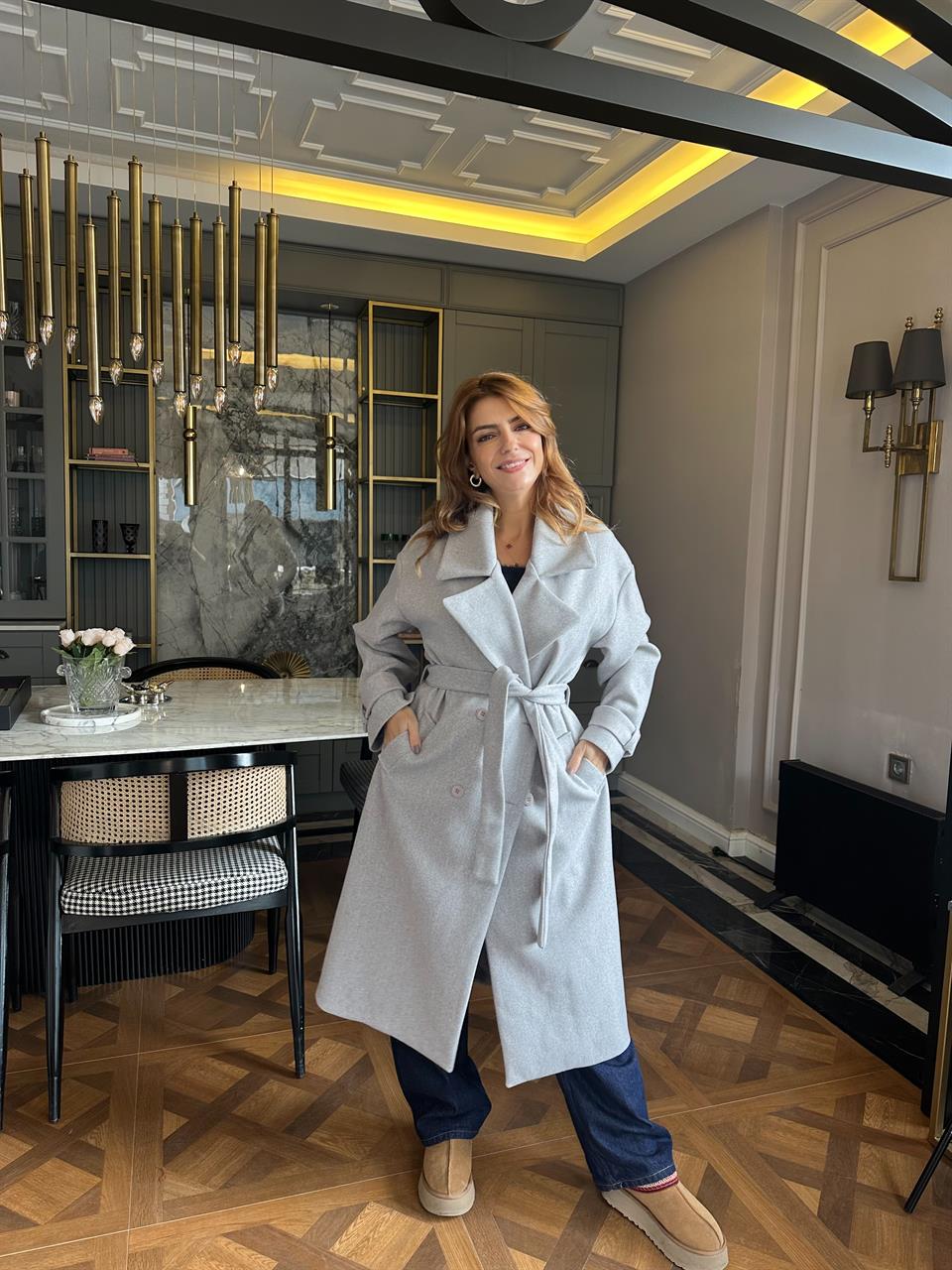 Gri Uzun Kaşe Kaban