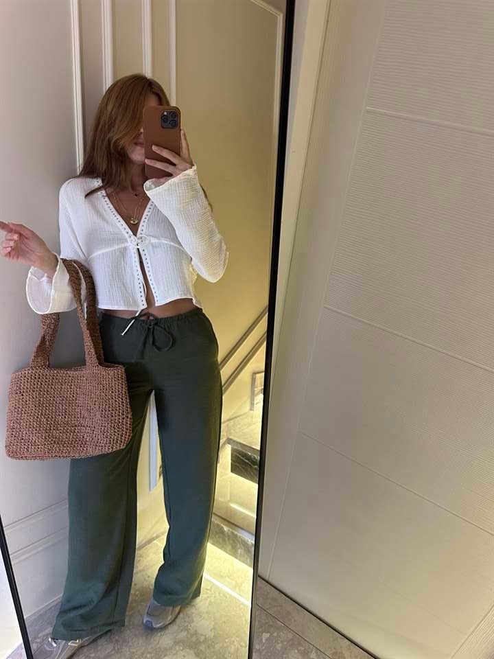 Haki Beli Bağcıklı Bol Paça Keten Pantolon