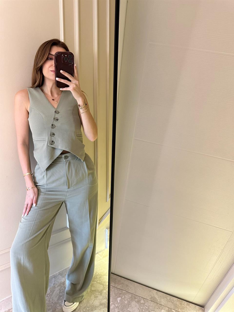 Haki Çapraz Düğmeli Yelekli Takım