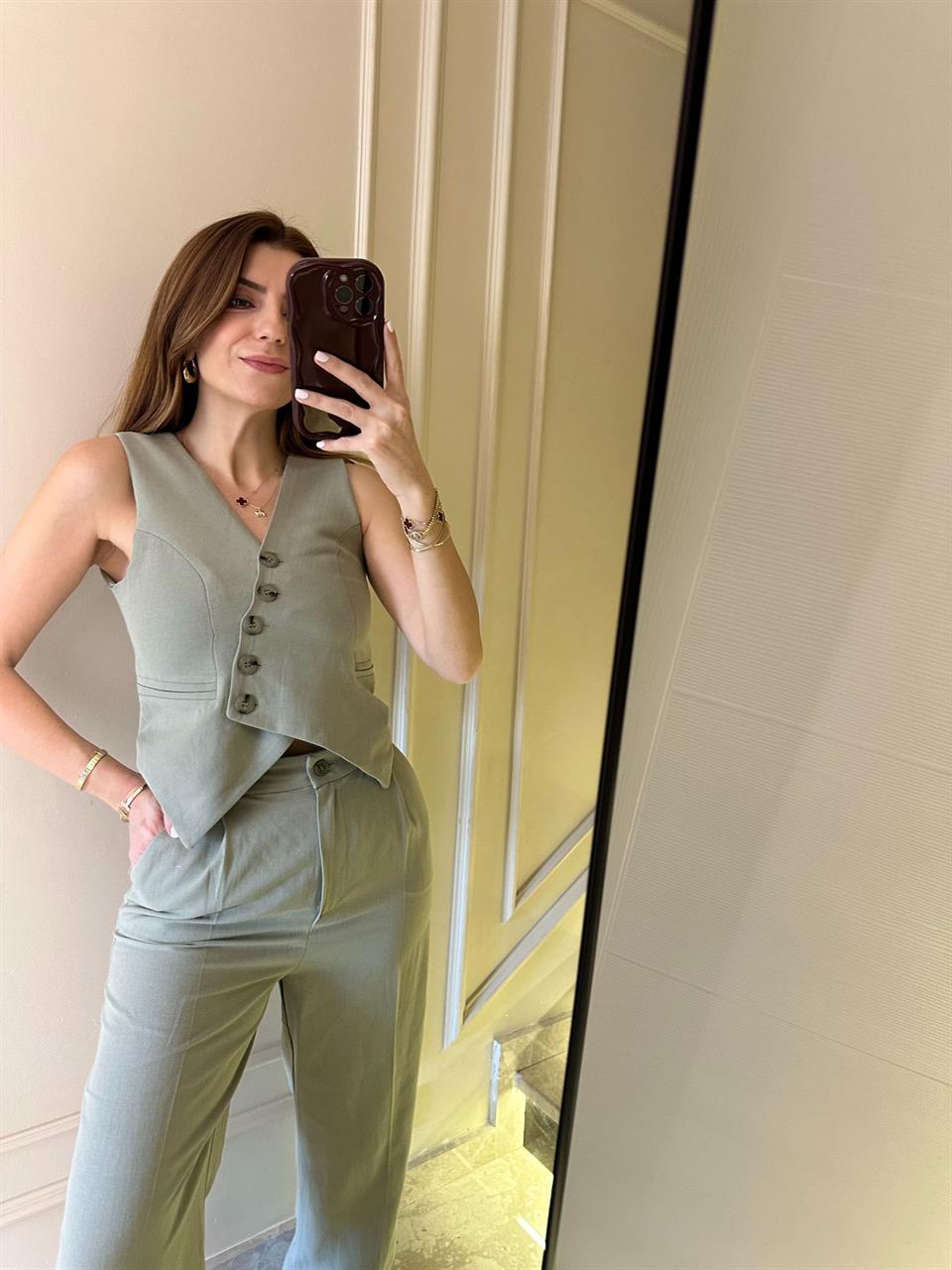 Haki Çapraz Düğmeli Yelekli Takım