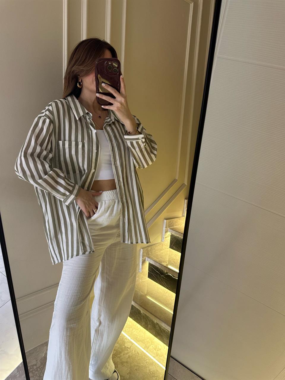 Haki Çizgili Cepli Salaş Gömlek