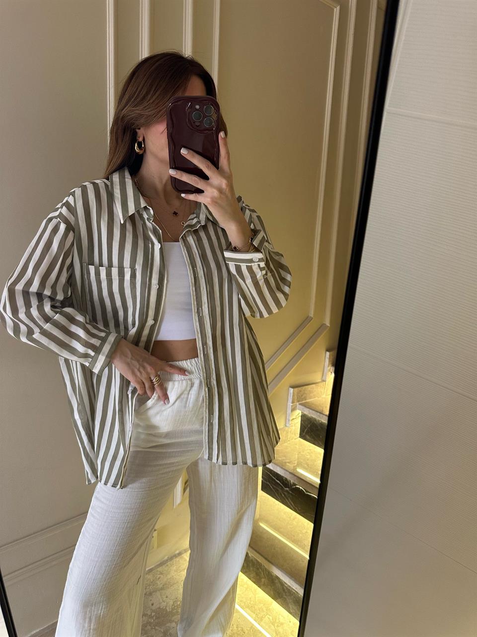 Haki Çizgili Cepli Salaş Gömlek