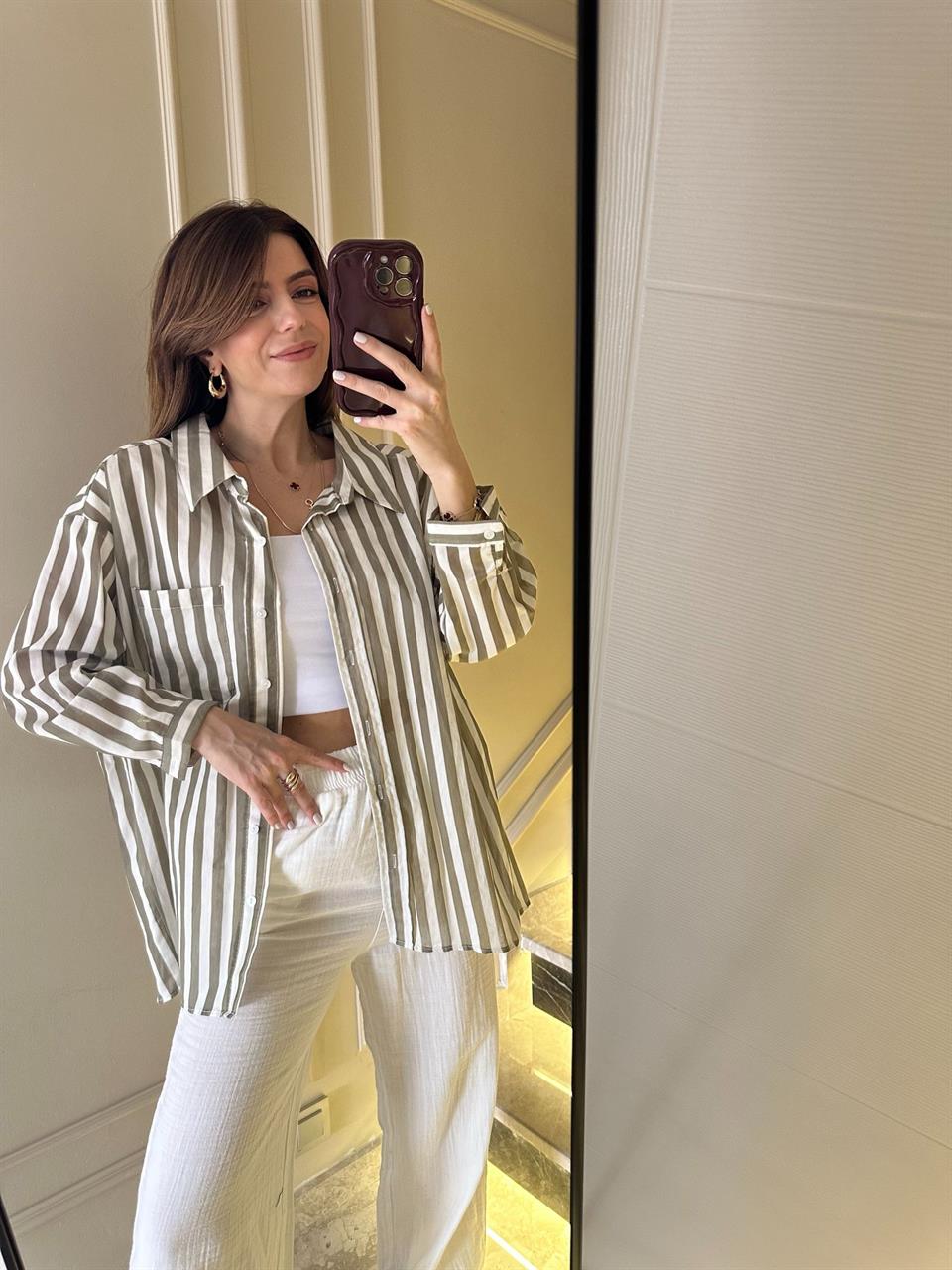 Haki Çizgili Cepli Salaş Gömlek