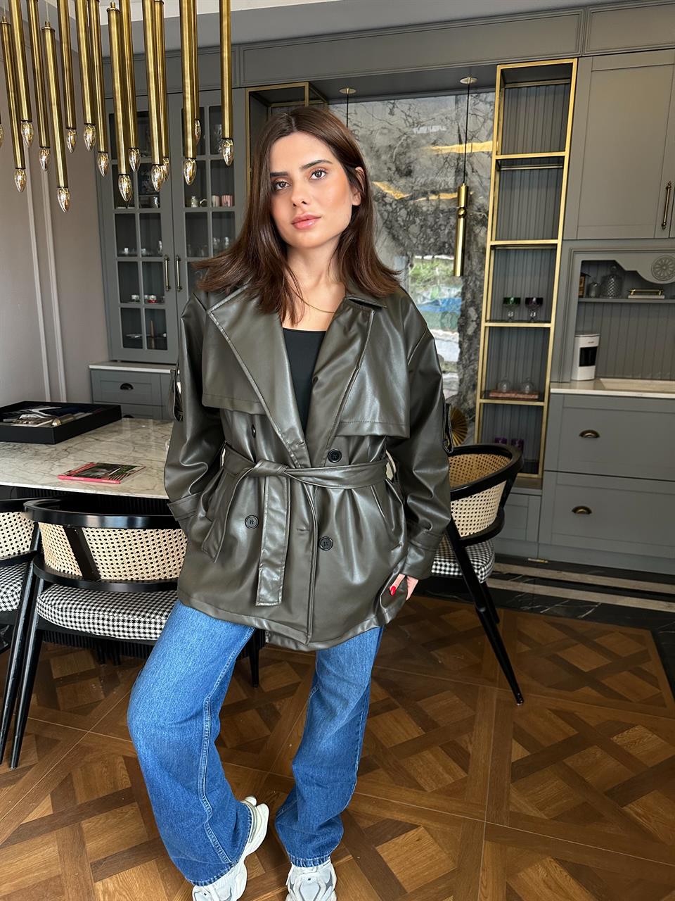 Haki Deri Bağlamalı Trenç