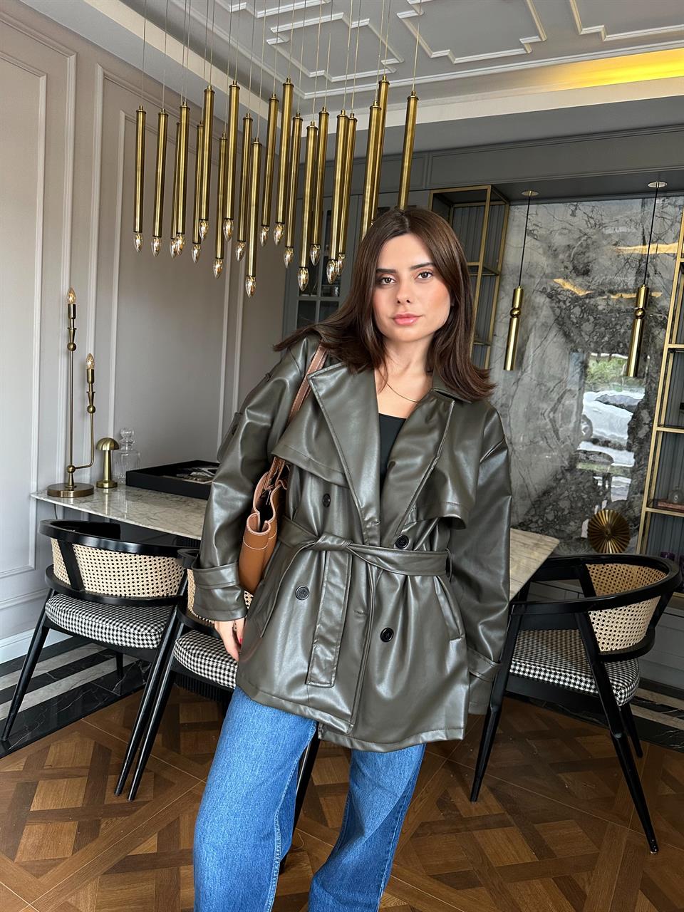 Haki Deri Bağlamalı Trenç