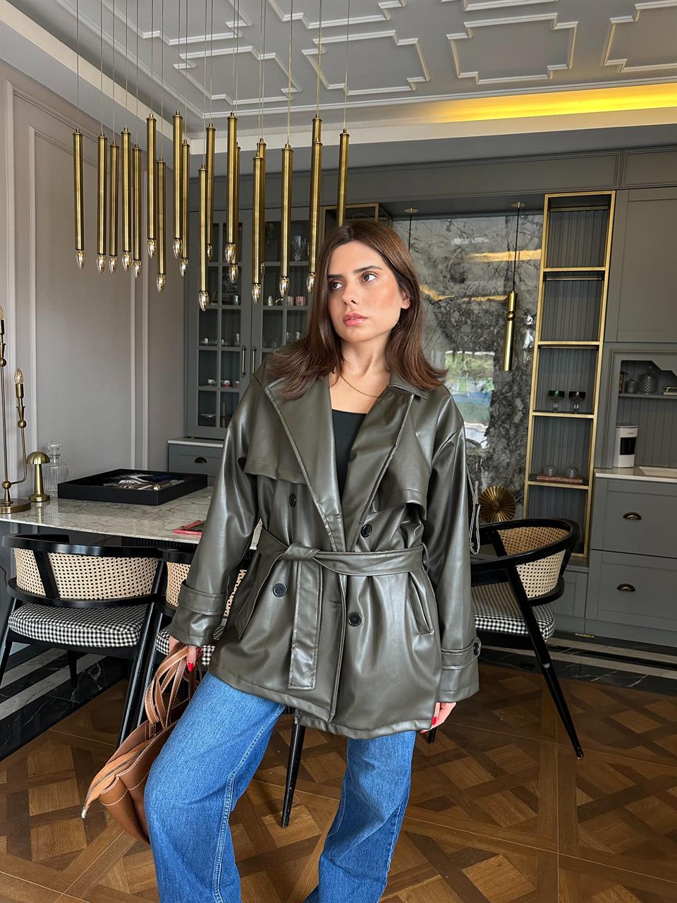 Haki Deri Bağlamalı Trenç