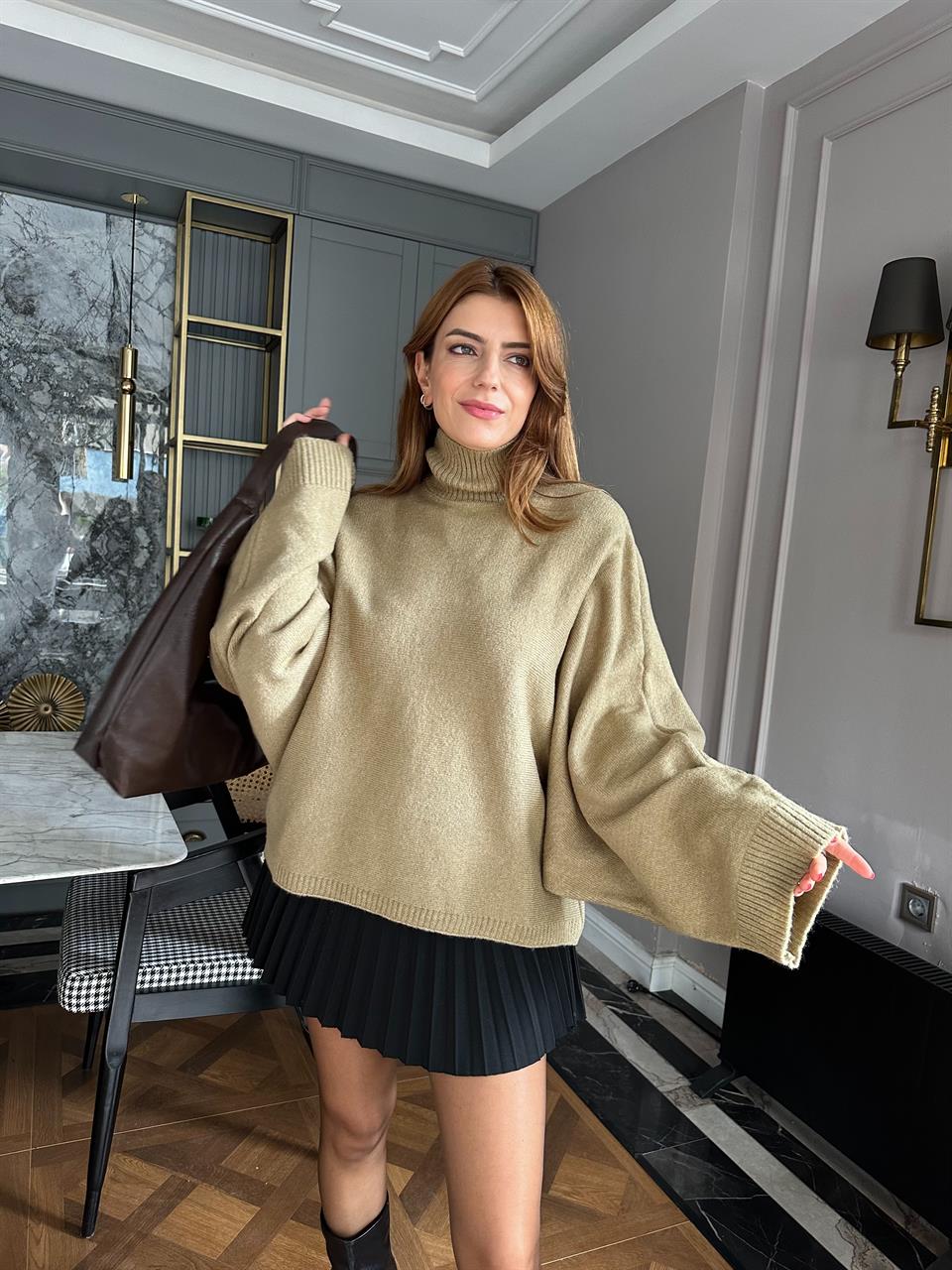 Haki Dik Yaka Yarasa Kol Kazak