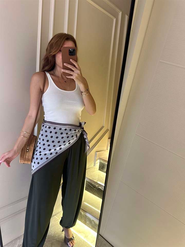 Haki Dökümlü Balon Şalvar Pantolon
