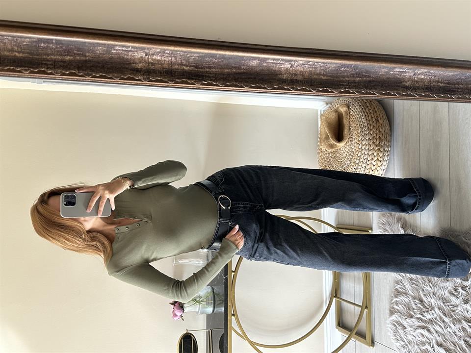 Haki Dört Düğme Fitilli Bluz