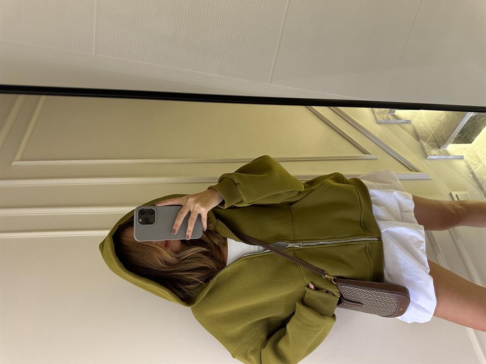 Haki Fermuarlı Oversize Hırka