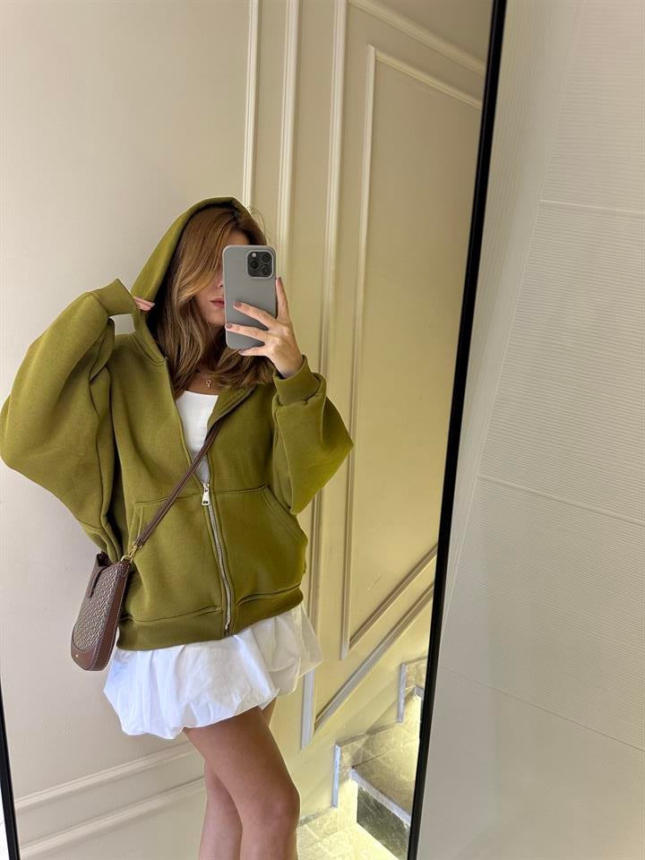 Haki Fermuarlı Oversize Hırka