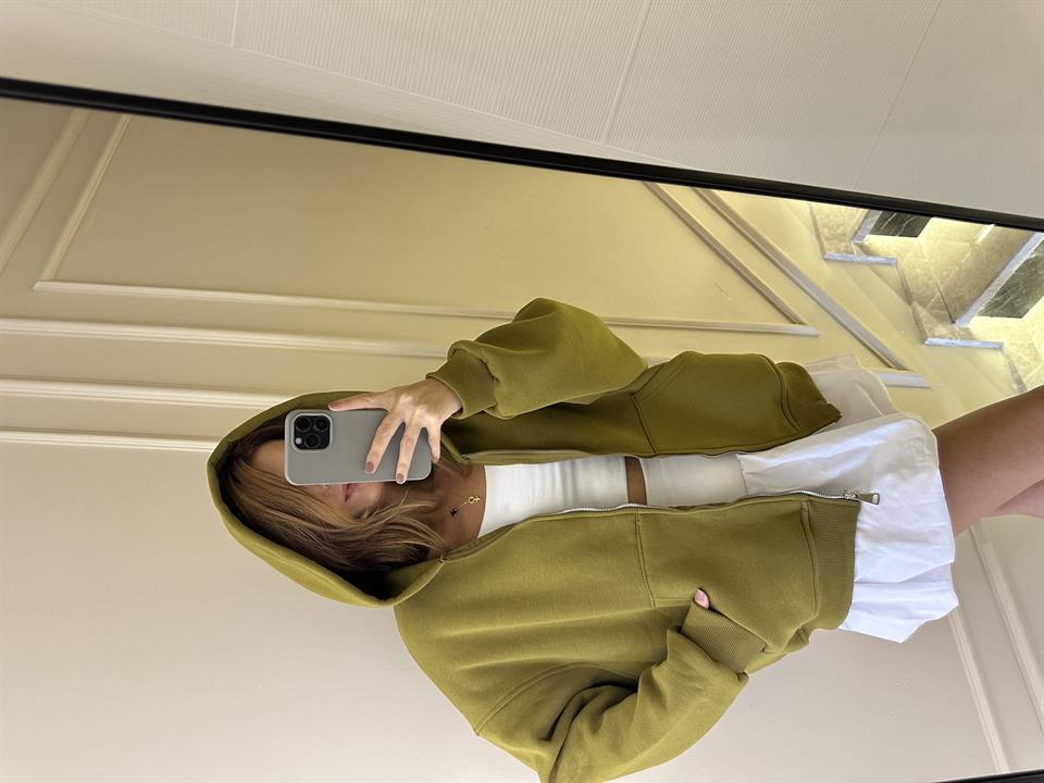 Haki Fermuarlı Oversize Hırka