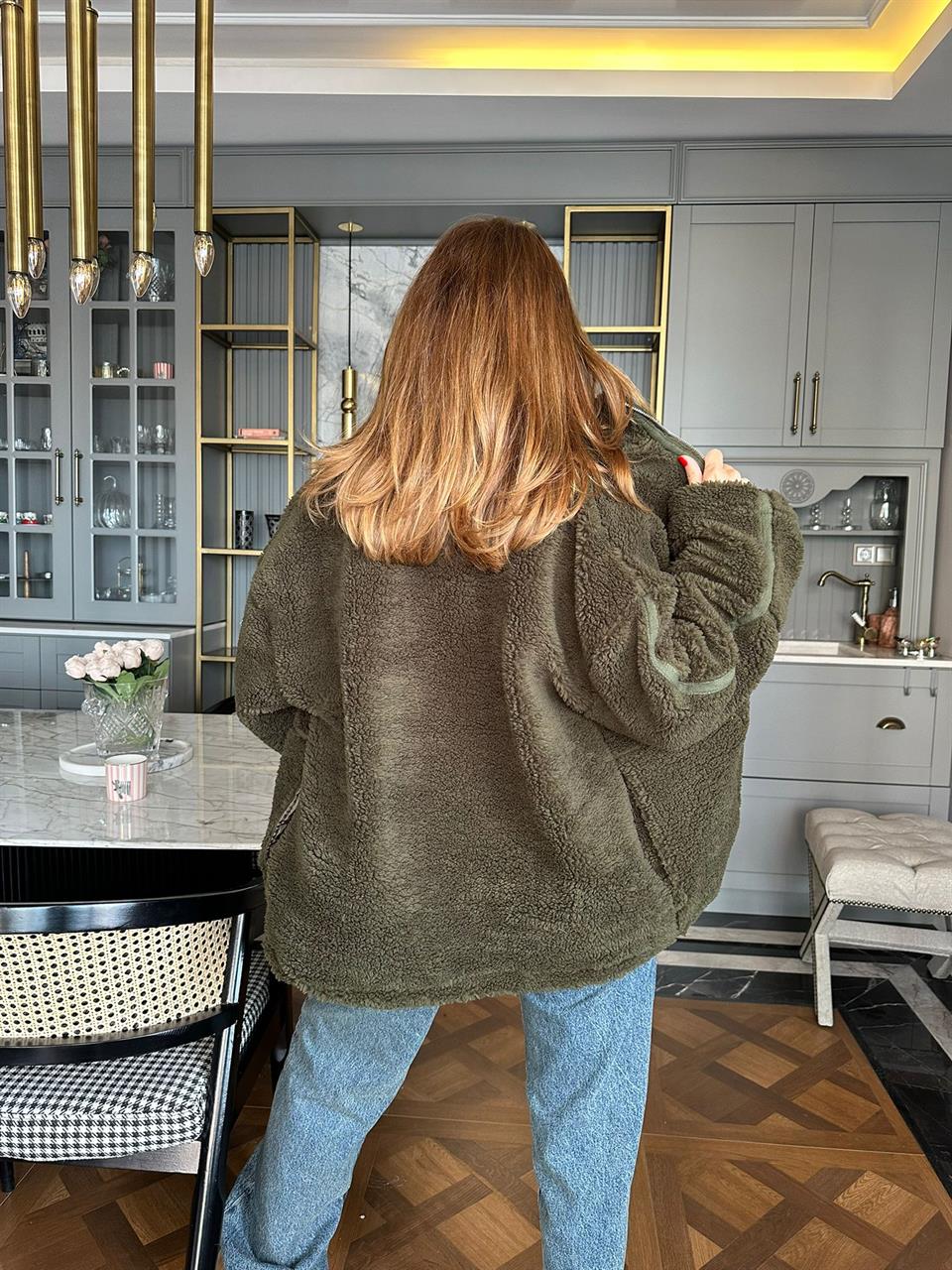 Haki Fermuarlı Peluş Ceket
