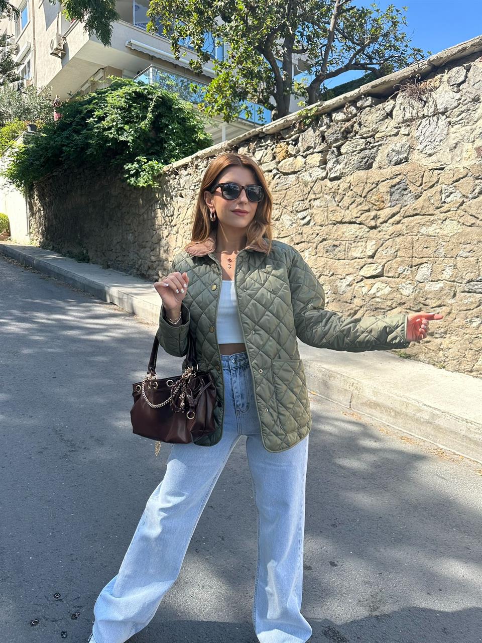 Haki Garnili Kapitone Ceket