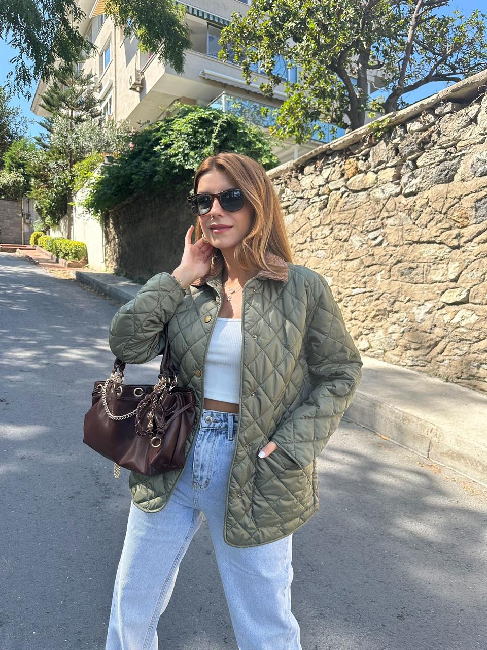 Haki Garnili Kapitone Ceket