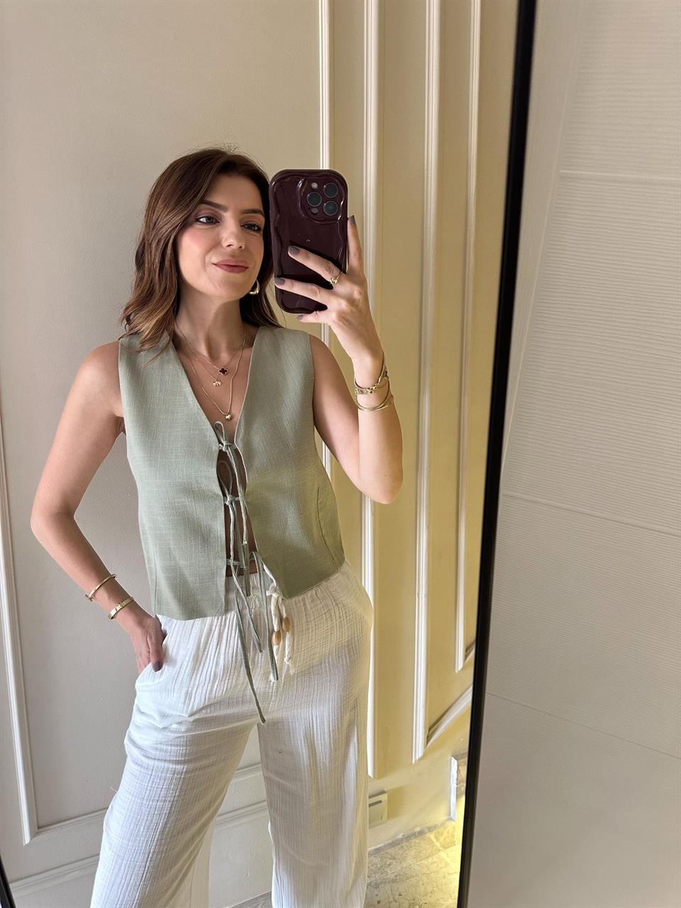 Haki Kurdele Bağlama Keten Yelek