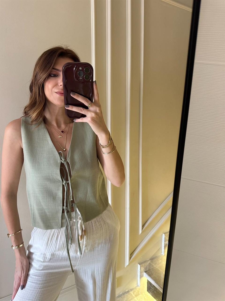 Haki Kurdele Bağlama Keten Yelek