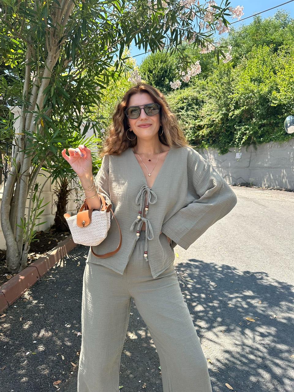 Haki Müslin Kumaş Bağlama Detaylı Kimono Takım