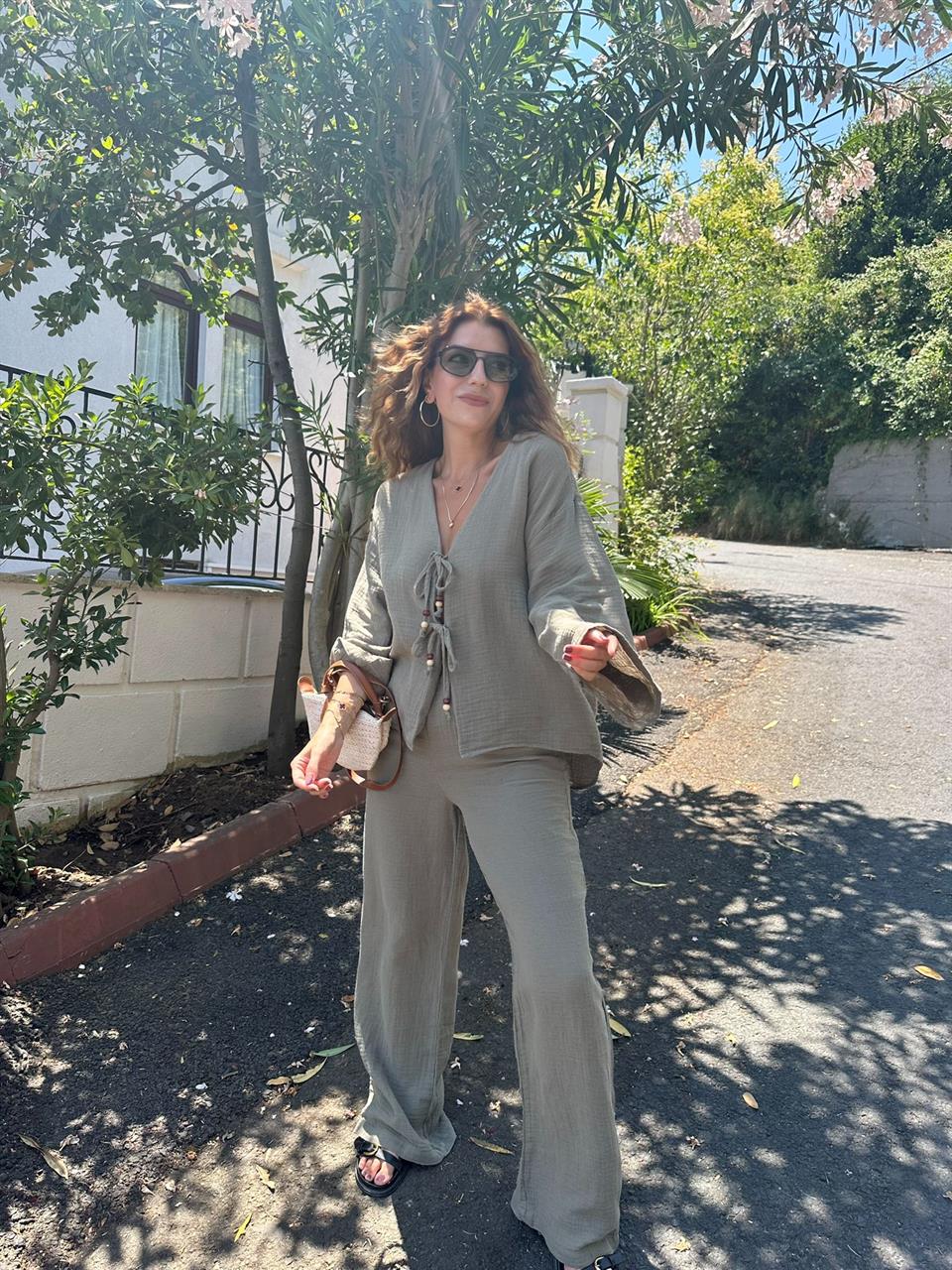 Haki Müslin Kumaş Bağlama Detaylı Kimono Takım