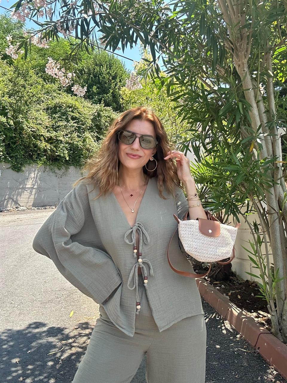 Haki Müslin Kumaş Bağlama Detaylı Kimono Takım