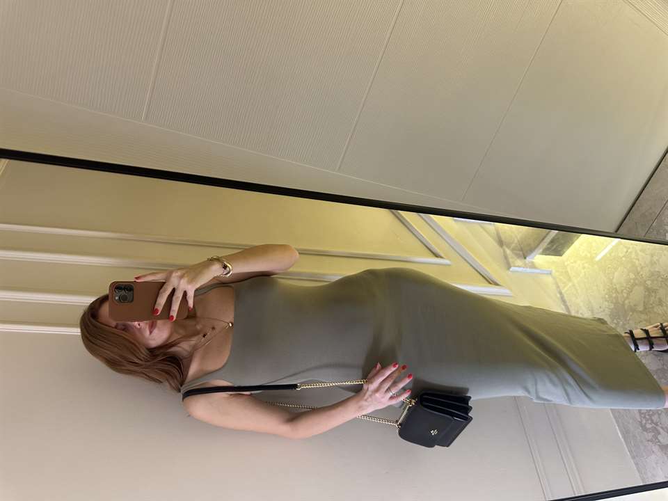 Haki Ön Arka Kare Yaka Uzun Elbise