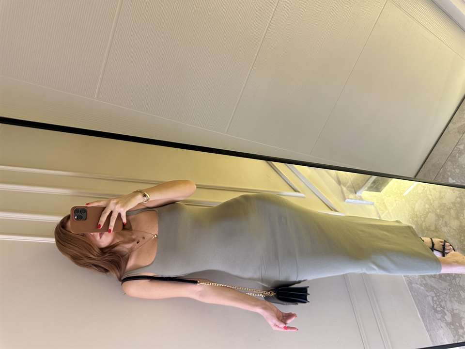 Haki Ön Arka Kare Yaka Uzun Elbise