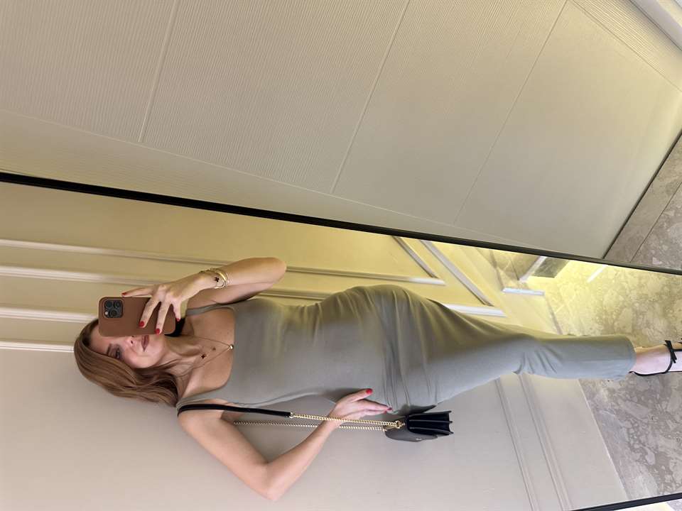 Haki Ön Arka Kare Yaka Uzun Elbise